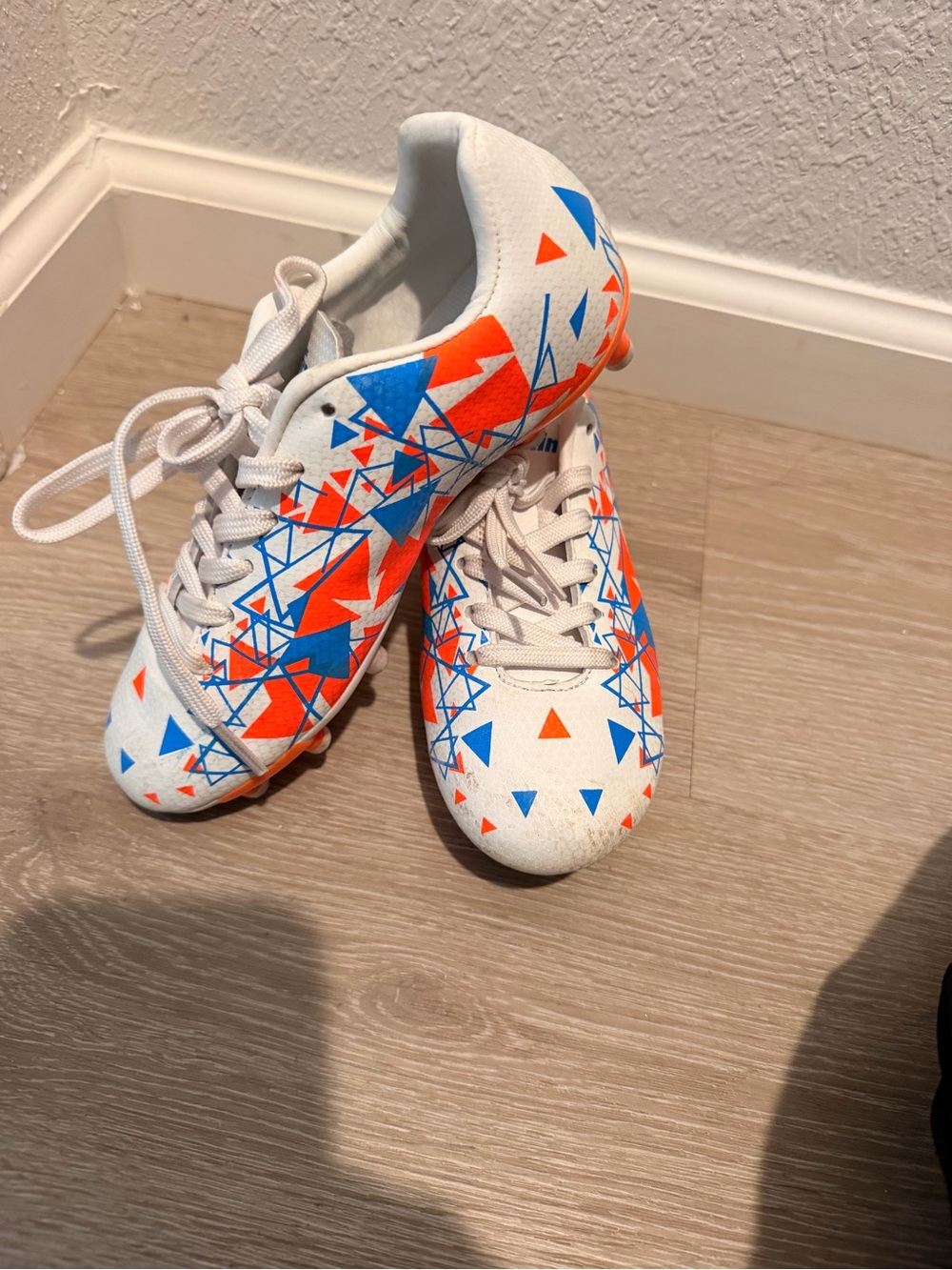 Kids Soccer Cleats with Blue & Orange Geometric Print